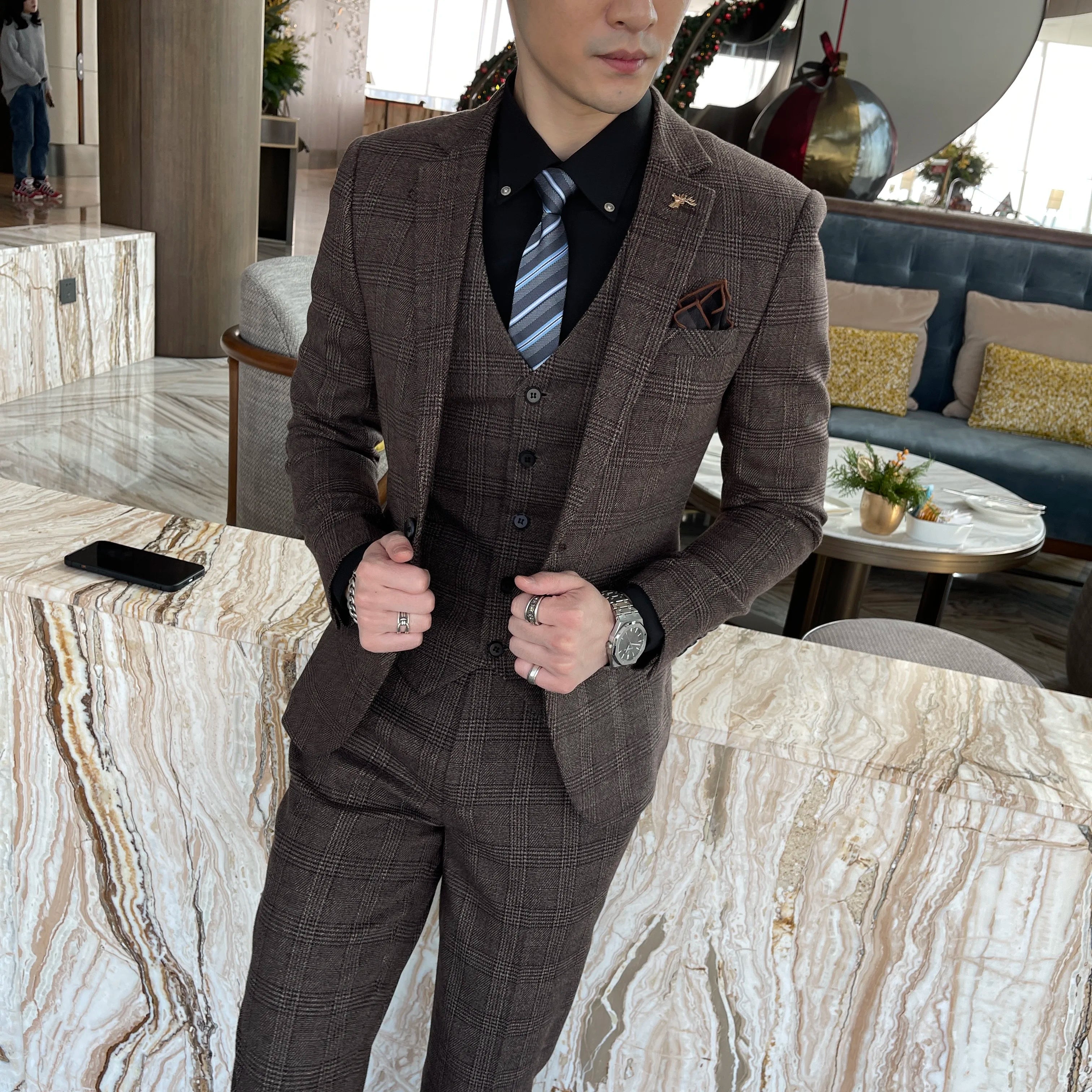 British Men’s Plaid Three-Piece Suit – Korean British Style Business Casual Blazer, Vest & Trousers