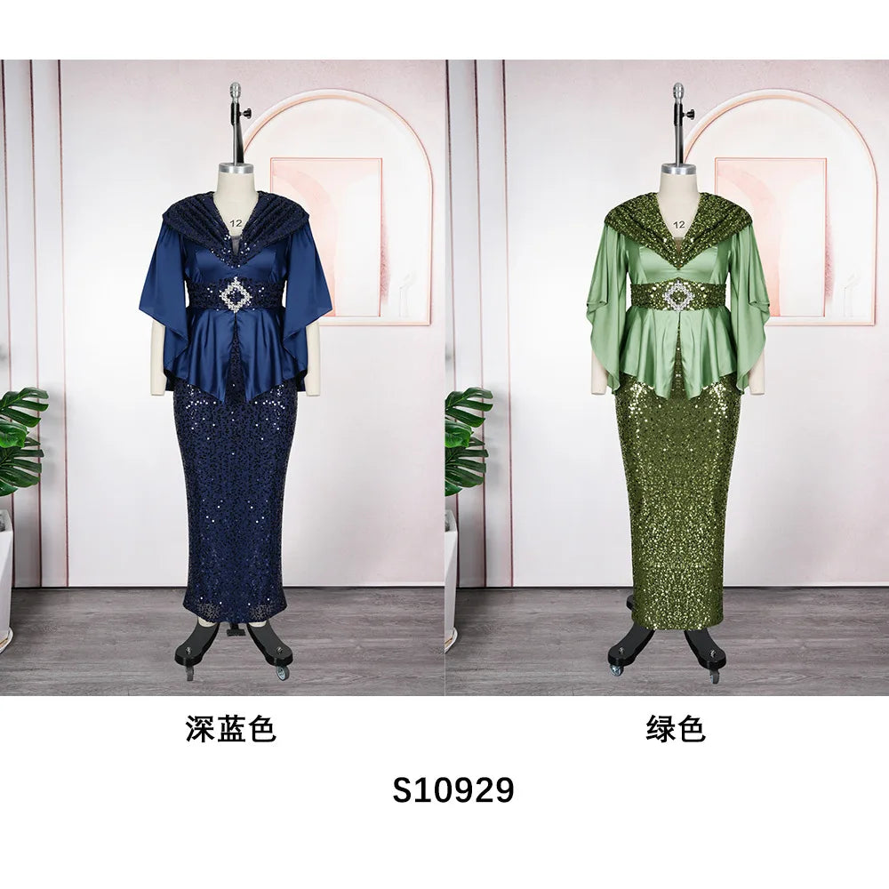 African Party Dresses for Women Elegant Turkey Muslim Wedding Evening Gown Plus Size Dashiki Sequin Sexy Bodycon Slit Long Dress