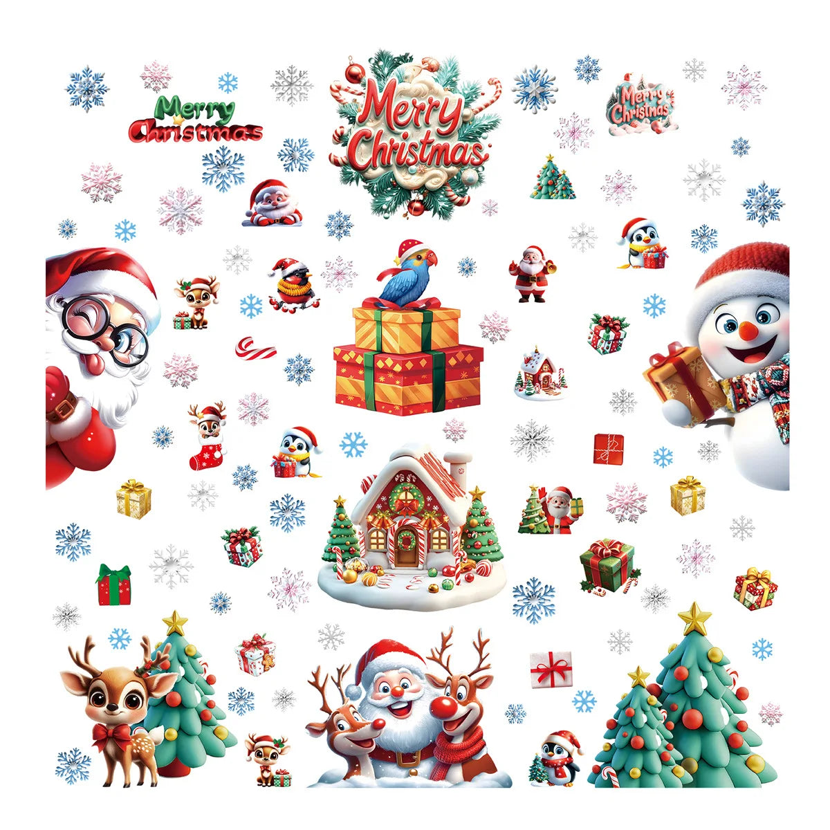 Christmas decorations, gingerbread figurines, snowmen, snowflake glass stickers, Christmas party decorations