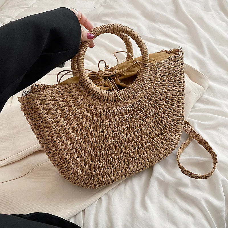 Straw Woven Handbags For Women Handmade Travel Seaside Beach Bag Summer New Handle Bucket Bag Shopping Tote Bag Basket Bolsa