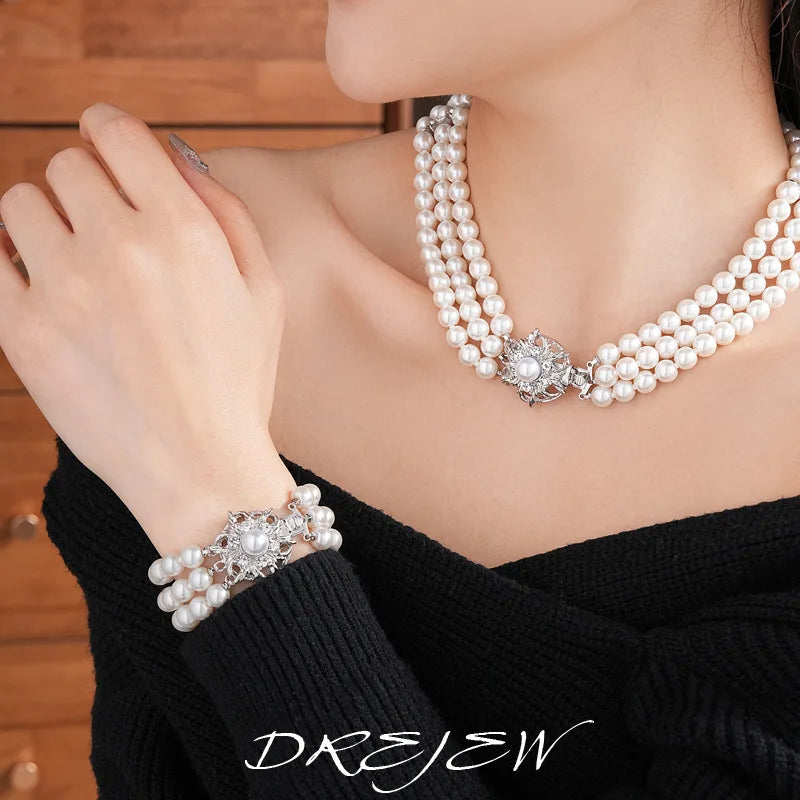 DREJEW Flower Multi-layer Pearl Jewelry Set for Woemn Fashion Bracelet French Fashion Light Luxury Temperament Accessories Sets
