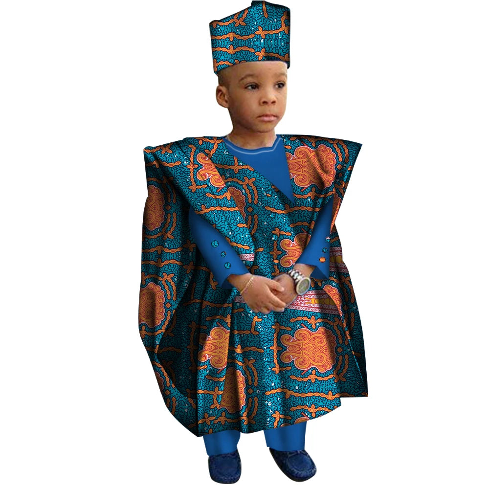 African Clothes with Hat Boy Tops and Pants African Print Clothes for Boys Bazin Riche Dashiki Gown Set WYT200