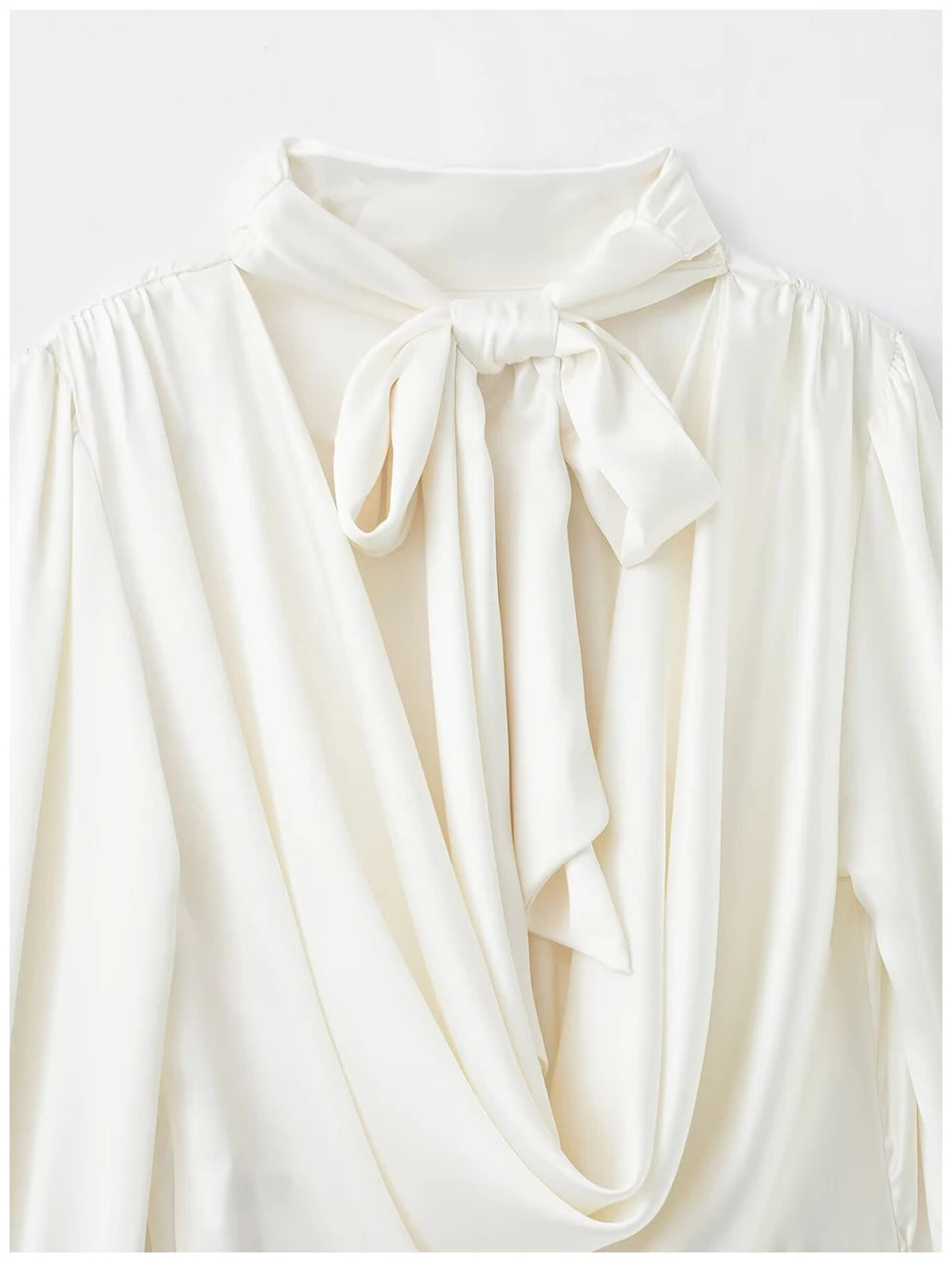 Womens Satin Textured Backless Blouse With Bow Detail Long Sleeves Elegant And Silky Women S Shirt Top For Everyday Casual Wear