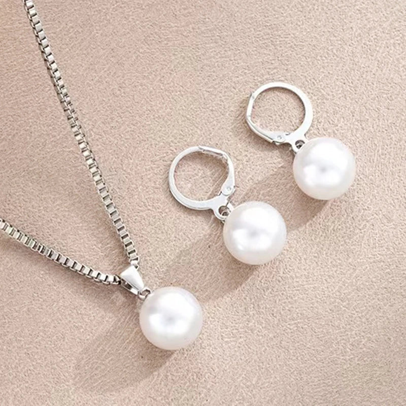 2 Pieces Of Round Pearl Jewelry Set, Earrings, Pendants, Necklaces, Ladies&