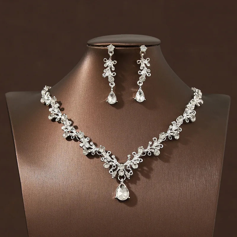 Bridal Wedding Jewelry 4-piece Set, Alloy Crystal Crown&Crystal Necklace&Earrings Women&