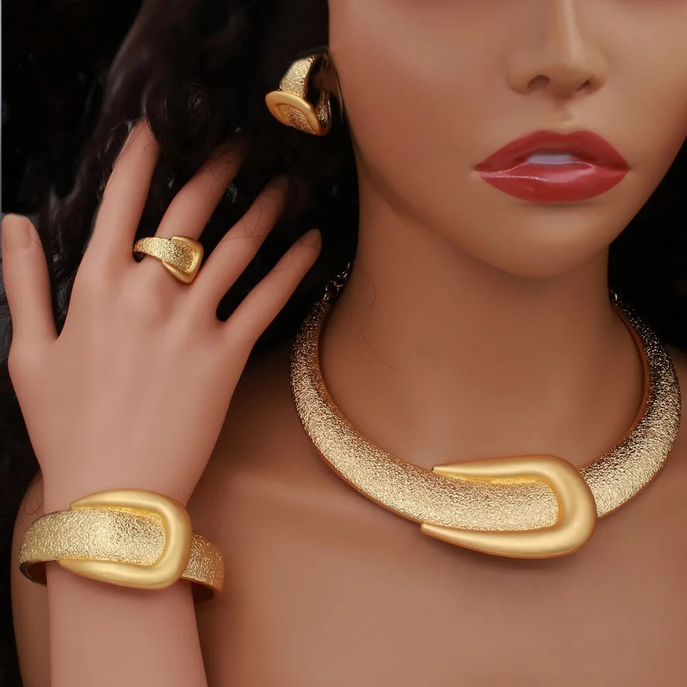 2025 New Exaggerate Jewelry Set Dubai Gold Color Large Necklace Bangle Africal Big Earring Ring Wide Bracelet Bridal Jewellery