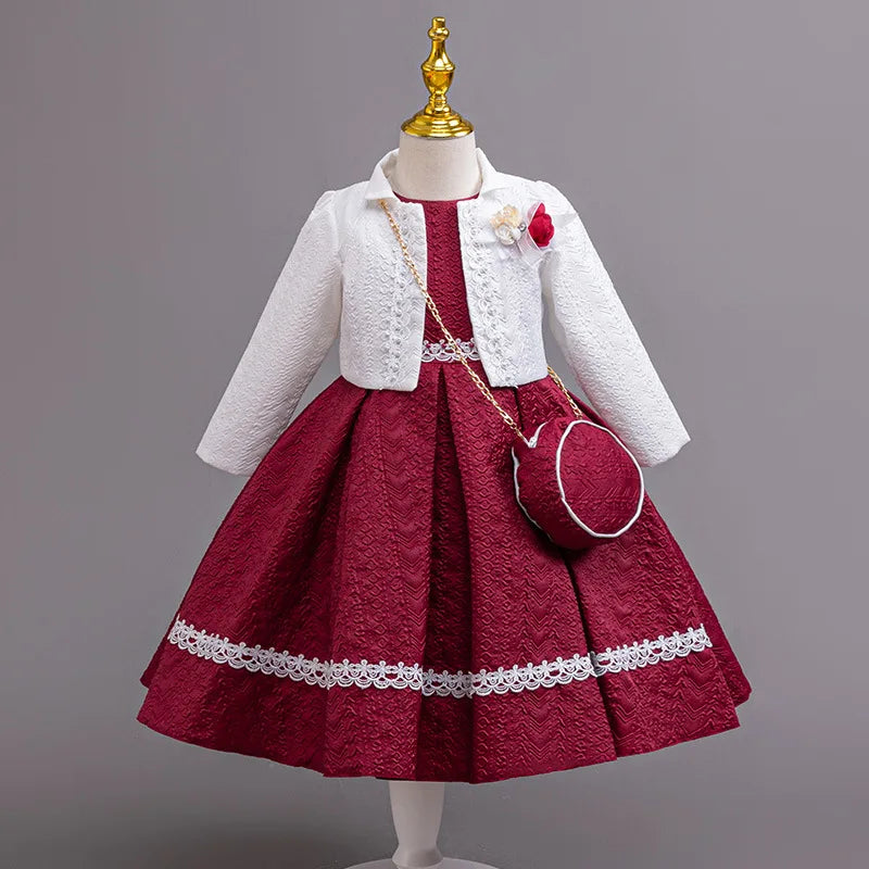 HETISO Autumn/Winter Long Sleeve Girl Party Dress Elegant Lace Christmas Formal Gown Gift with Bag for Kids Children 2-8Y