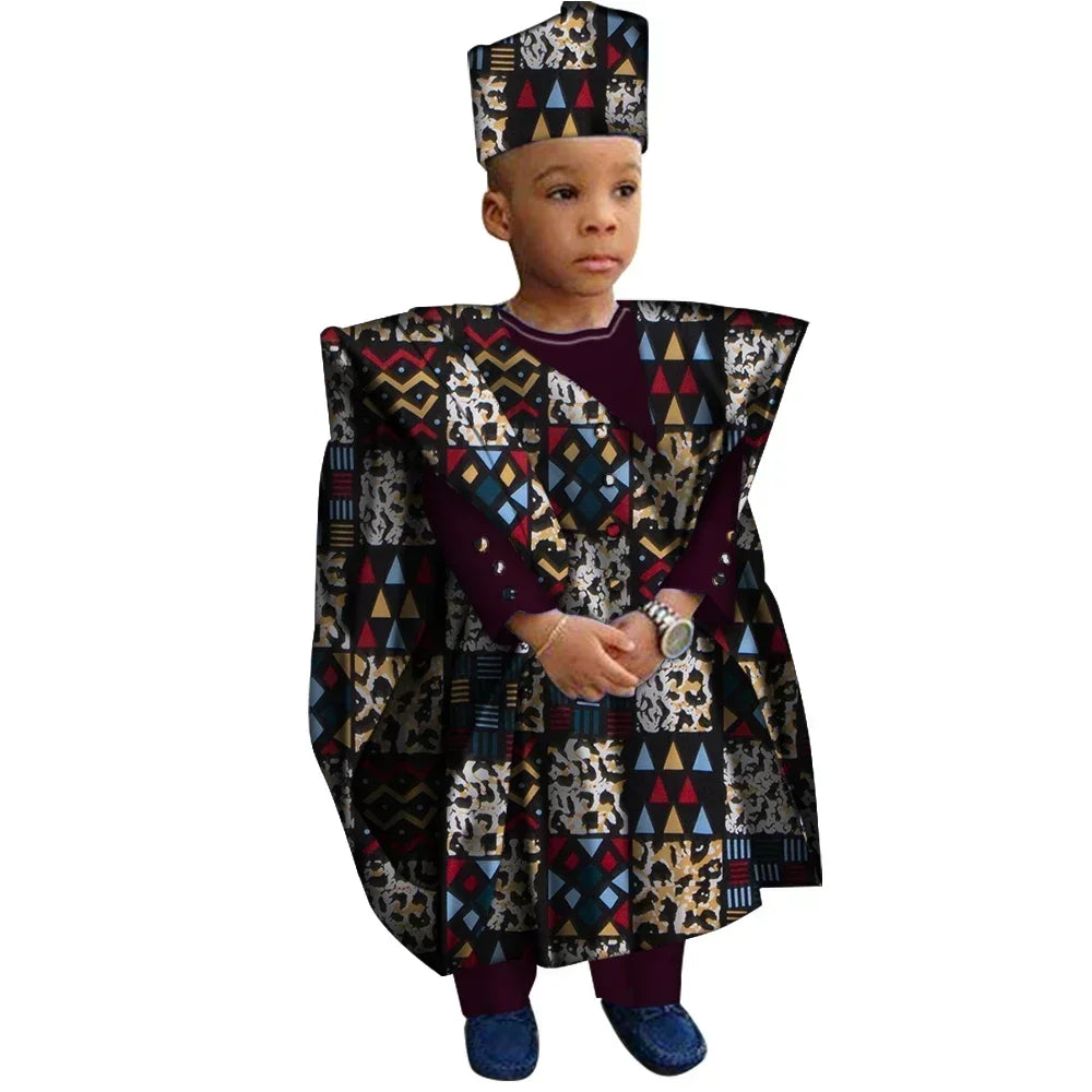 African Clothes with Hat Boy Tops and Pants African Print Clothes for Boys Bazin Riche Dashiki Gown Set WYT200