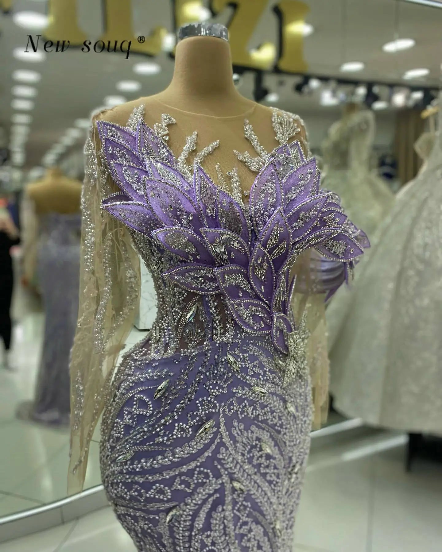 Lilac Purple Mermaid Evening Dress Crystal Beaded Long Sleeve