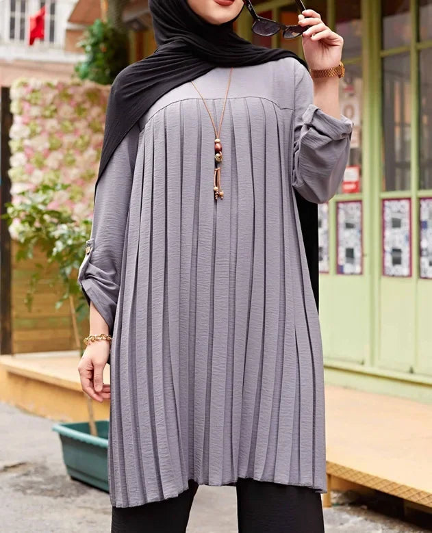 Crisluv™ Modest Pleated Long Shirt – Adjustable Sleeve Islamic O-Neck Top