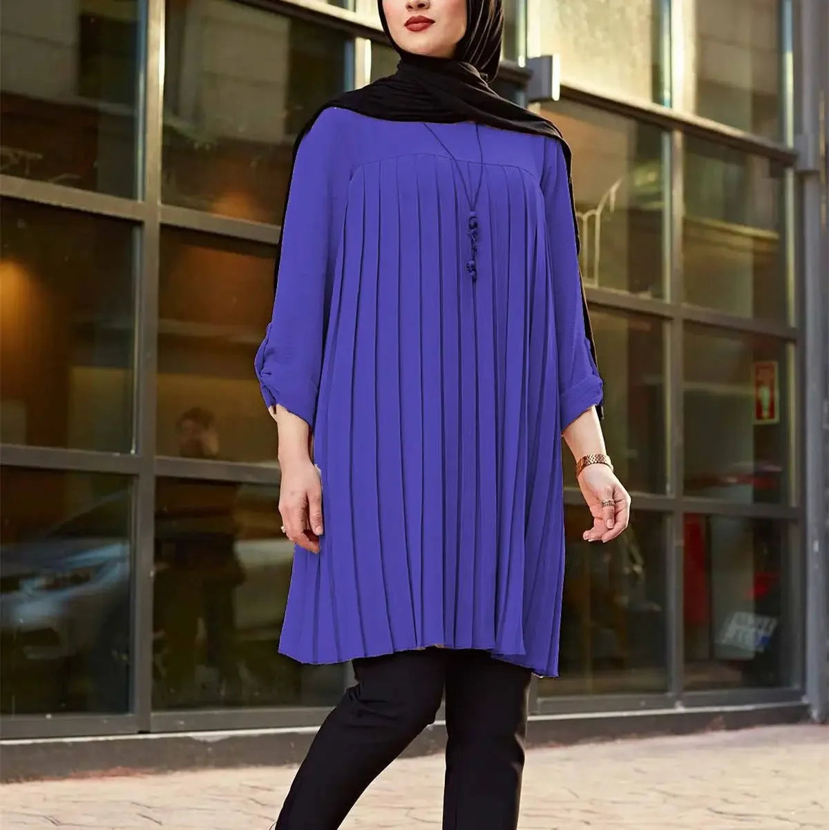 Crisluv™ Modest Pleated Long Shirt – Adjustable Sleeve Islamic O-Neck Top