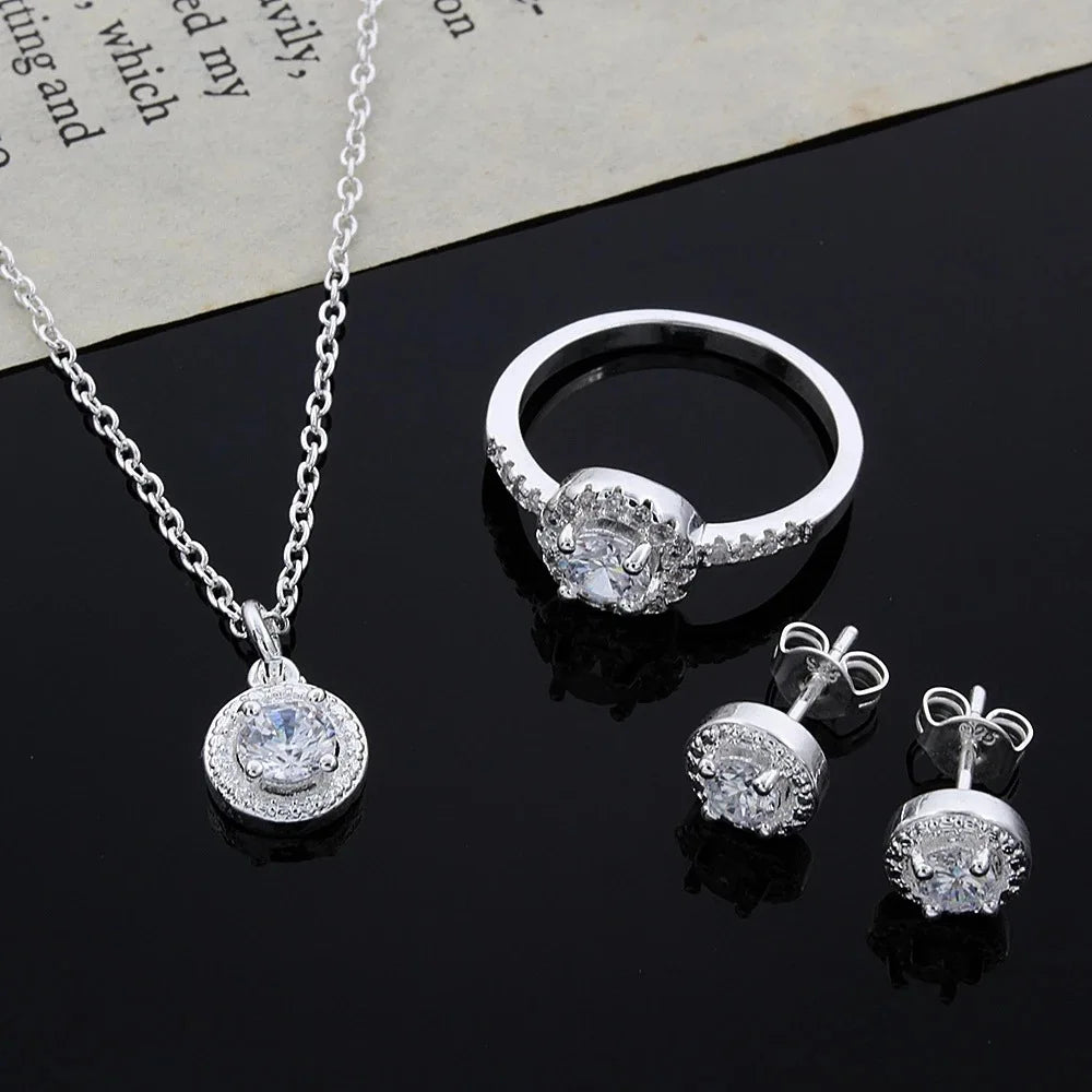 Zircon Crystal Silver Jewelry Necklace Ring Earrings Set Three-Piece Set Jewelry