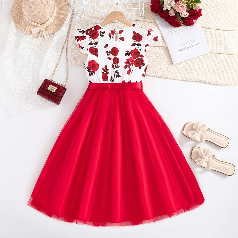 Set For Kids Girl 8-12 Years Ruffled Sleeve Rose Floral Print Tulle Cute Princess Formal Dresses with Belt Ootd For Baby Girls