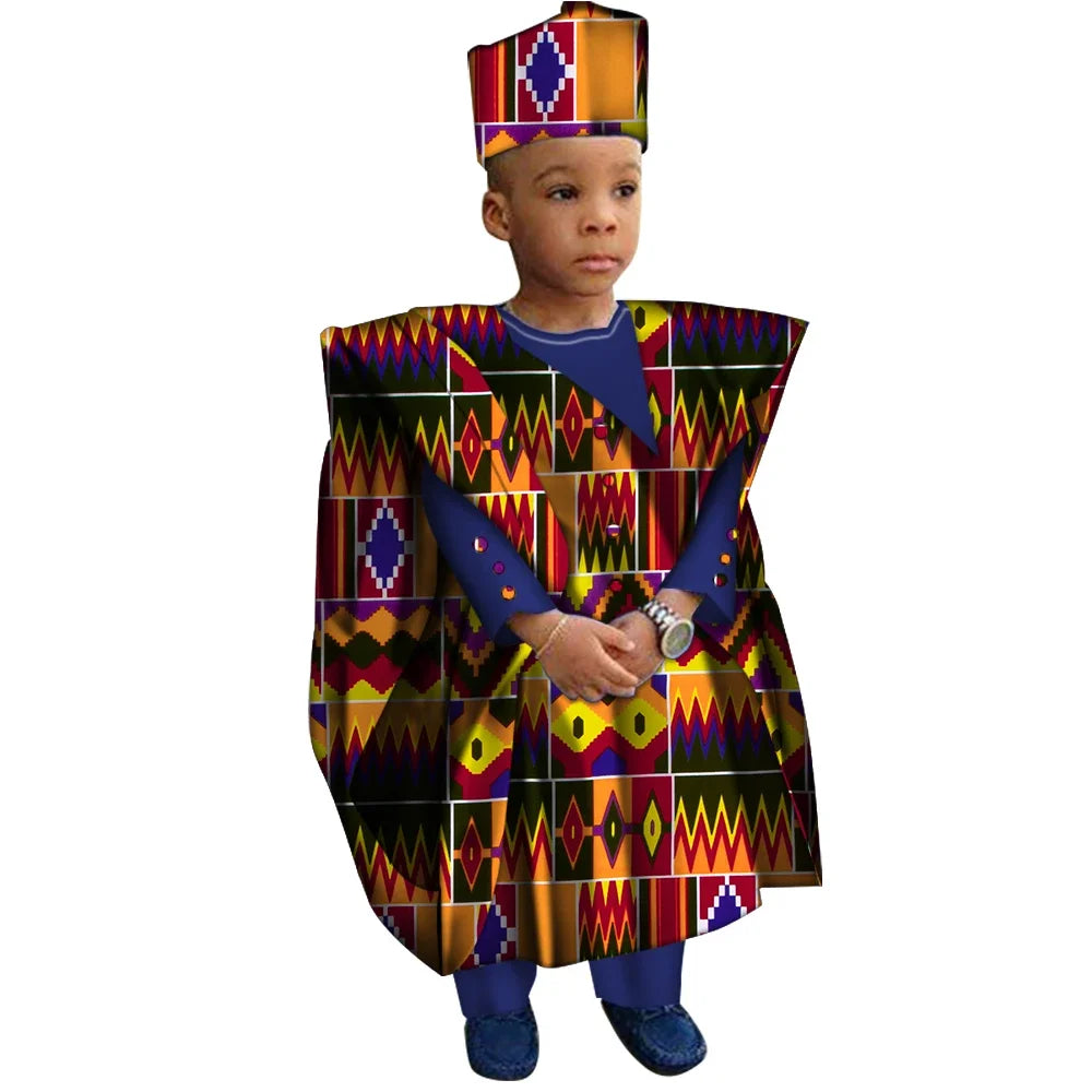 African Clothes with Hat Boy Tops and Pants African Print Clothes for Boys Bazin Riche Dashiki Gown Set WYT200