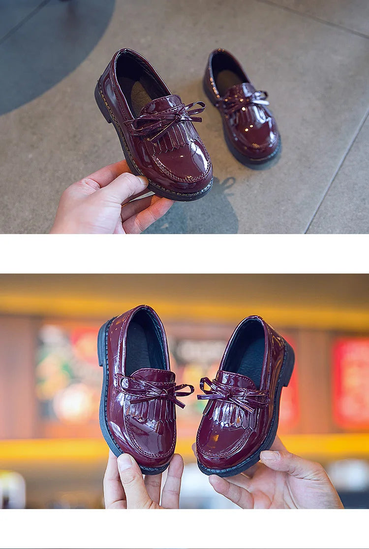 Girls Casual Leather Shoes Kids Flats Tassels with Bow-knot British Style Soft Slip-on Loafers for Wedding Party Bright Skin New