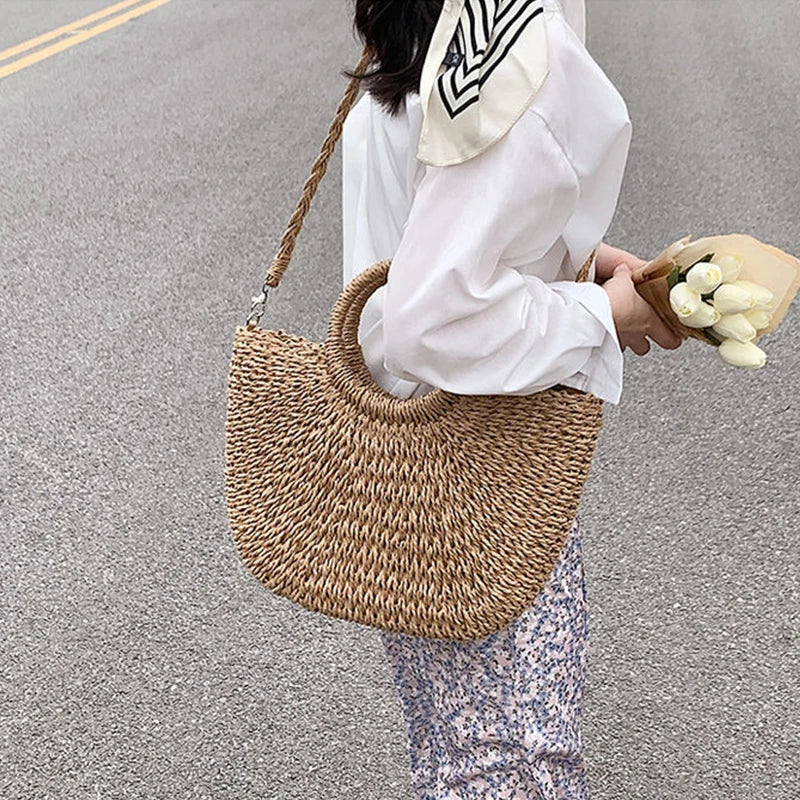 Straw Woven Handbags For Women Handmade Travel Seaside Beach Bag Summer New Handle Bucket Bag Shopping Tote Bag Basket Bolsa