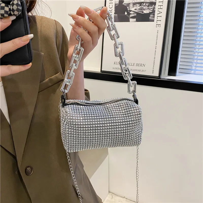 Allover Rhinestone Bucket Bag, Glitter Chain Prom Purse, Women&