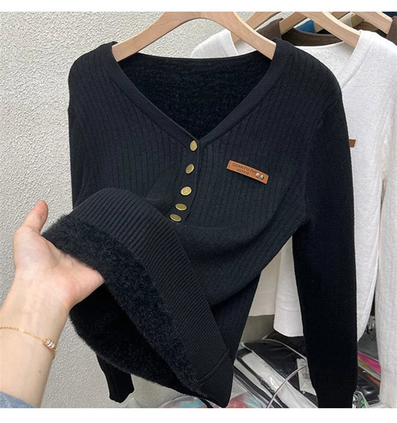 Thicken Women’s Velvet Lined V-Neck Knit Jumper