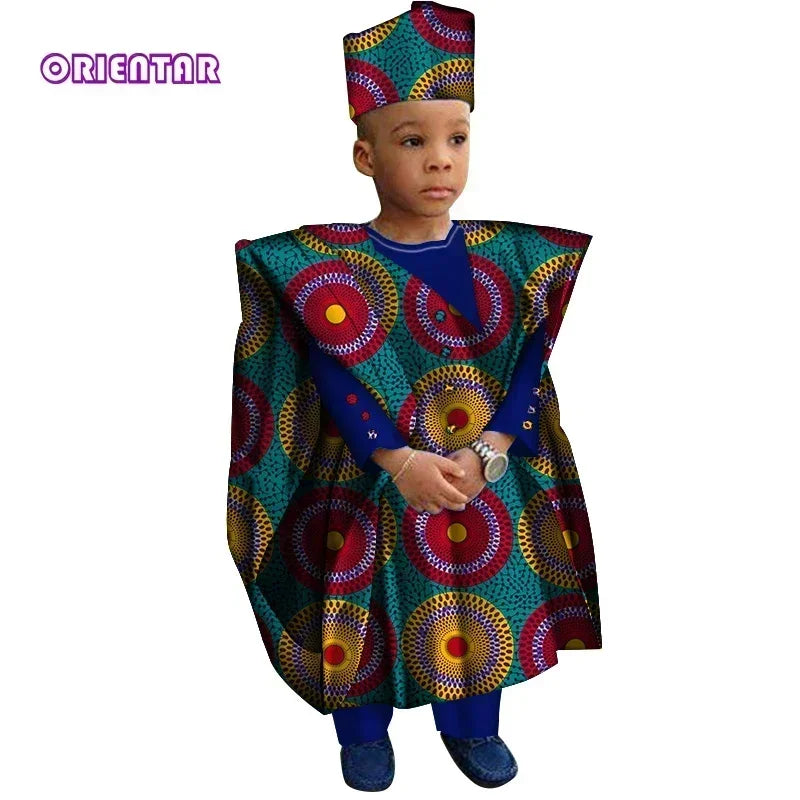African Clothes with Hat Boy Tops and Pants African Print Clothes for Boys Bazin Riche Dashiki Gown Set WYT200