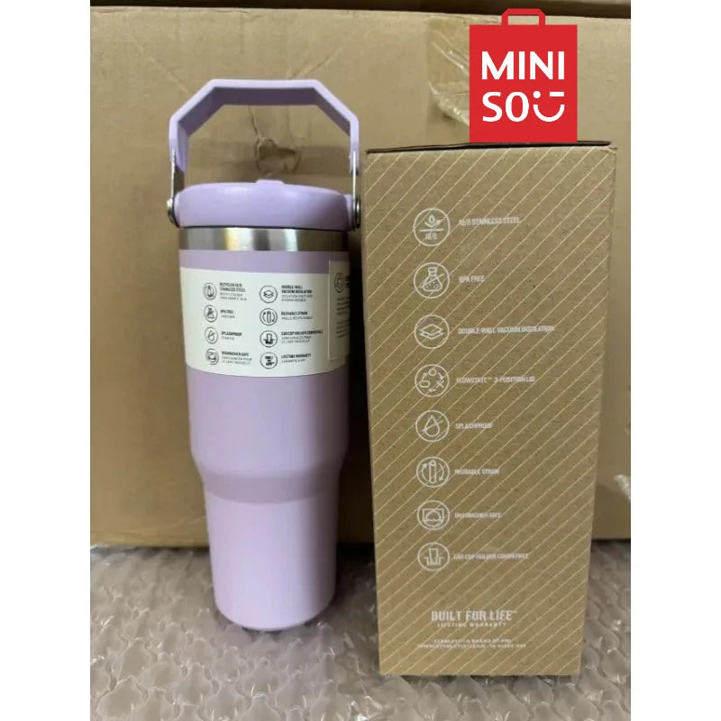 MINISO 30 oz Vacuum Thermos Cup with Treatment Double Layer Thermos Cup Stainless Steel Sports Water Bottle Hot and Cold Drinks