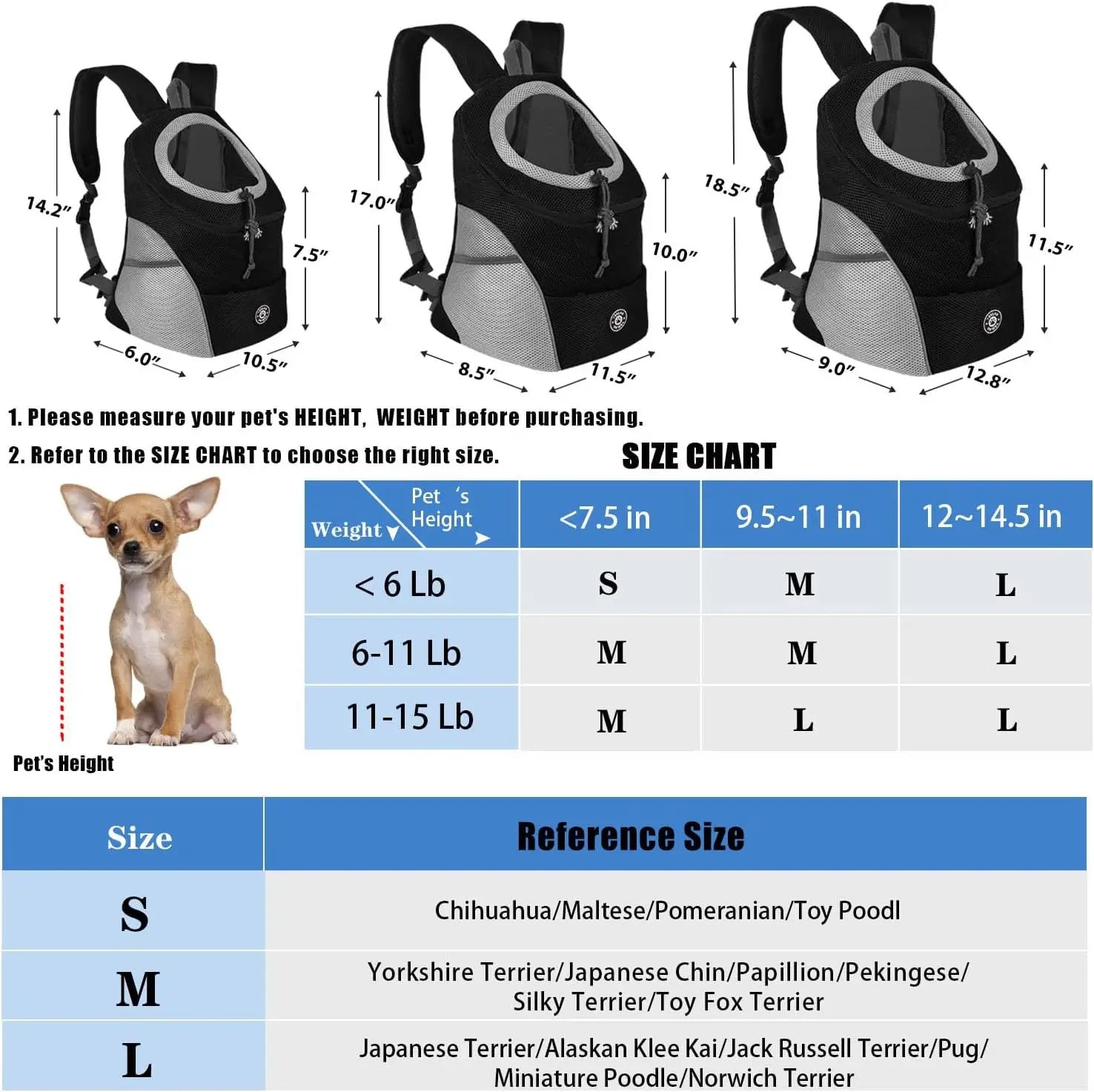 Size chart for Portable Pet Backpack Carrier showing dimensions and recommended sizes for small dogs.