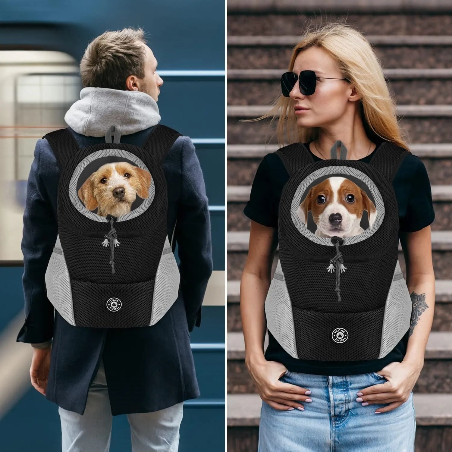 Portable Pet Backpack Carrier for Small Dogs worn by a man and a woman, featuring dogs inside the carrier.
