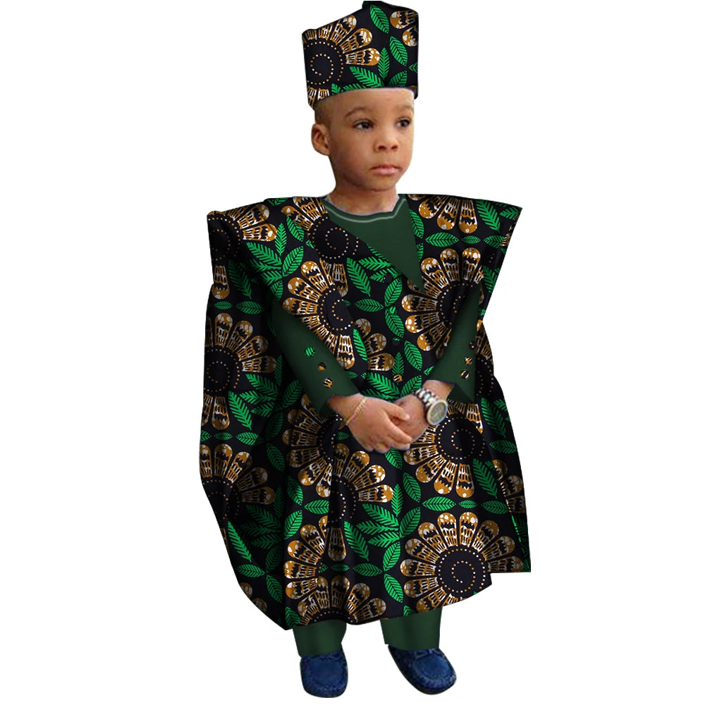 African Clothes with Hat Boy Tops and Pants African Print Clothes for Boys Bazin Riche Dashiki Gown Set WYT200