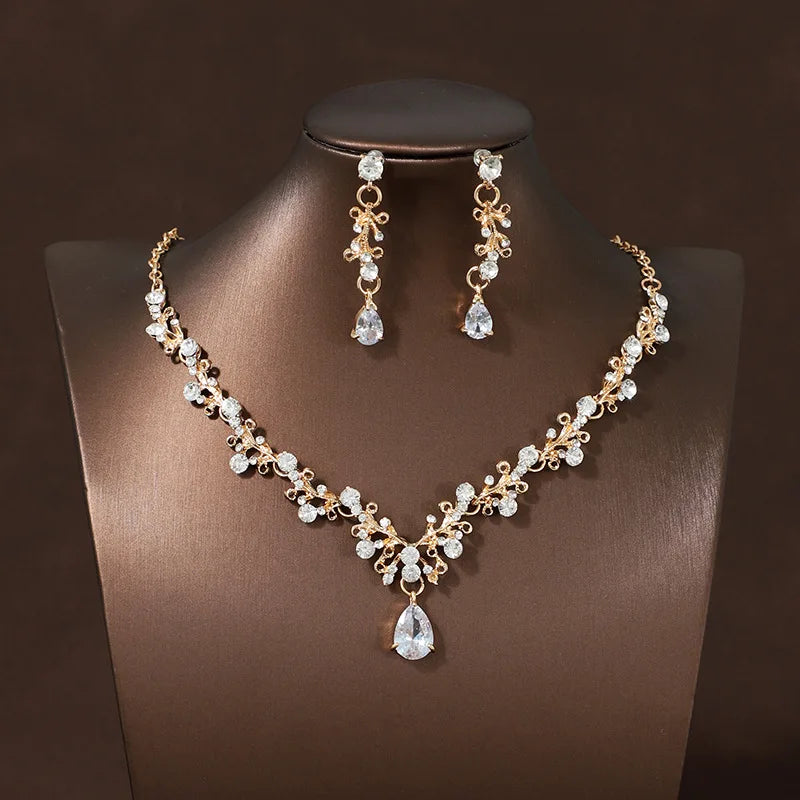 Bridal Wedding Jewelry 4-piece Set, Alloy Crystal Crown&Crystal Necklace&Earrings Women&