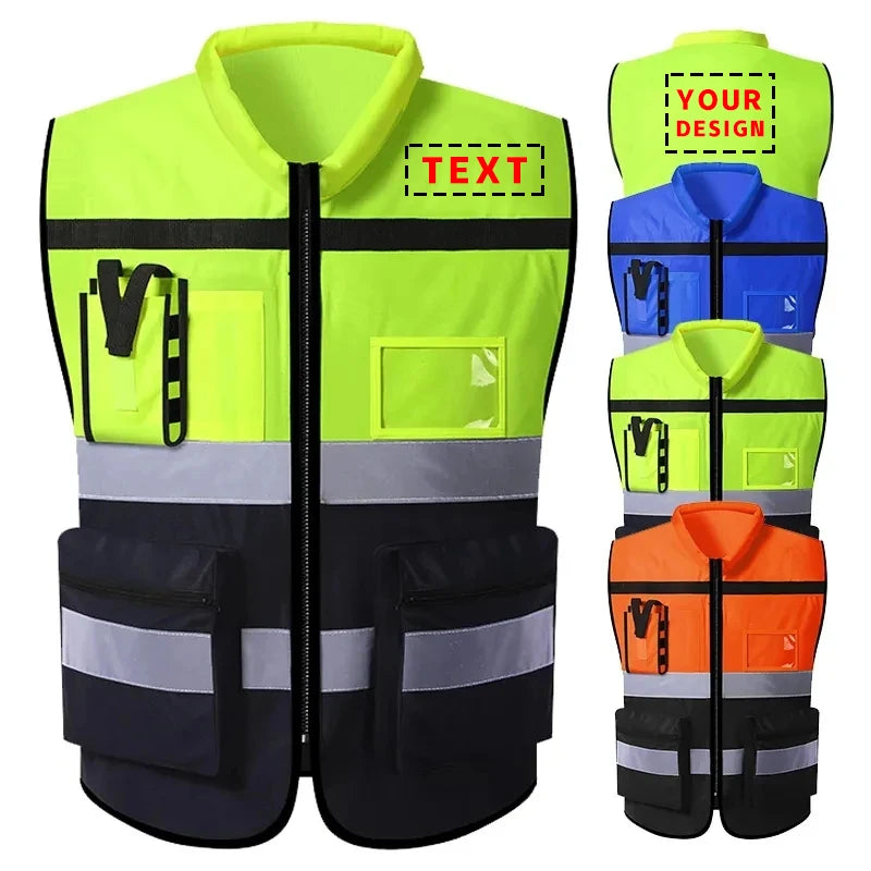 Custom LOGO Safety Vest for Men Work Vest with Pockets and Zipper Safety Construction Two Tone Workwear Vest Volunteer Uniform