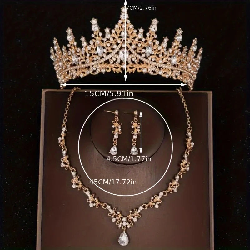 Bridal Wedding Jewelry 4-piece Set, Alloy Crystal Crown&Crystal Necklace&Earrings Women&