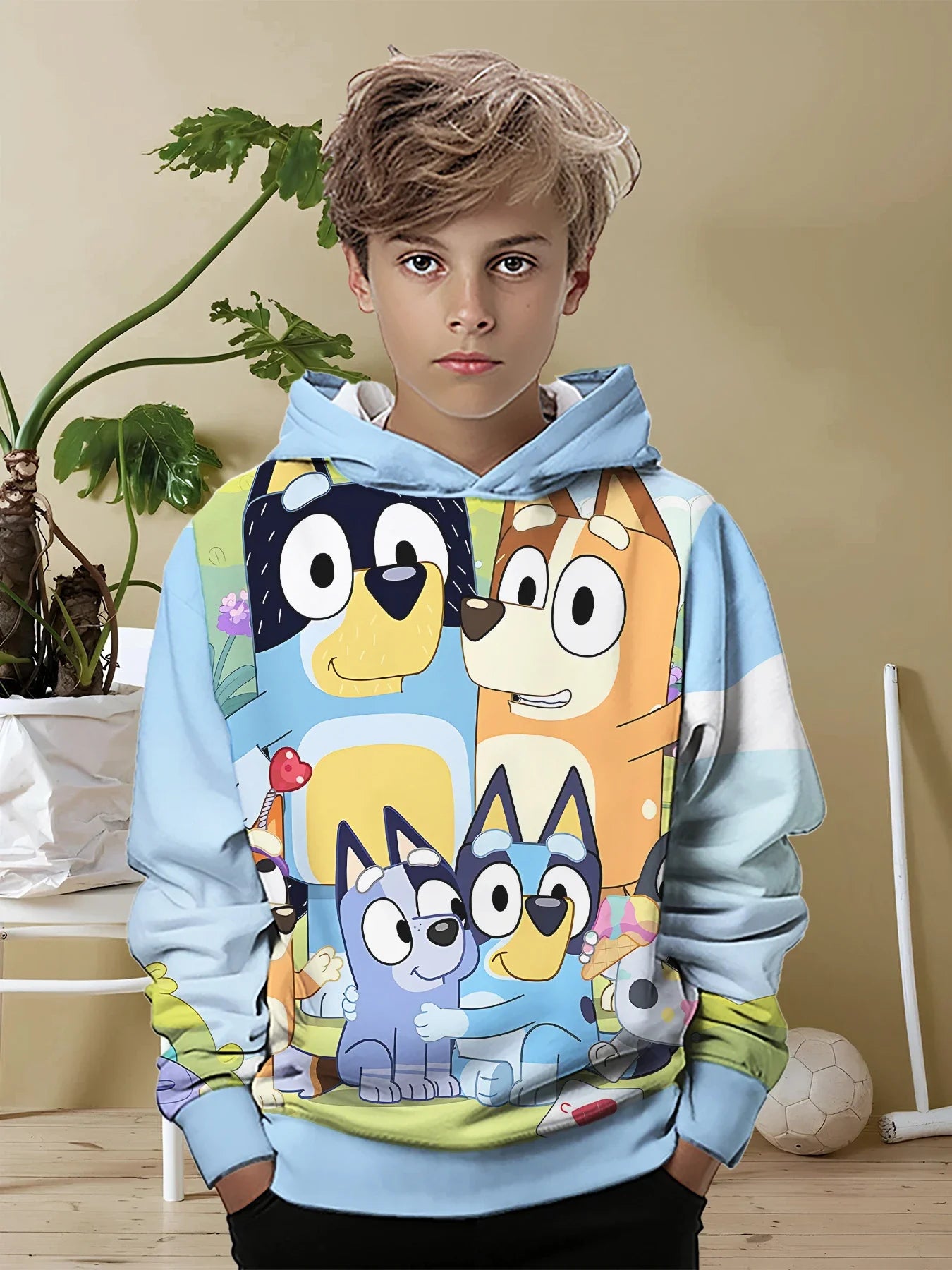 Blueys-Bingoed Kids Blue Dog 3D Print Sweatshirt – Unisex All-Season Pullover Hoodie for Boys & Girls