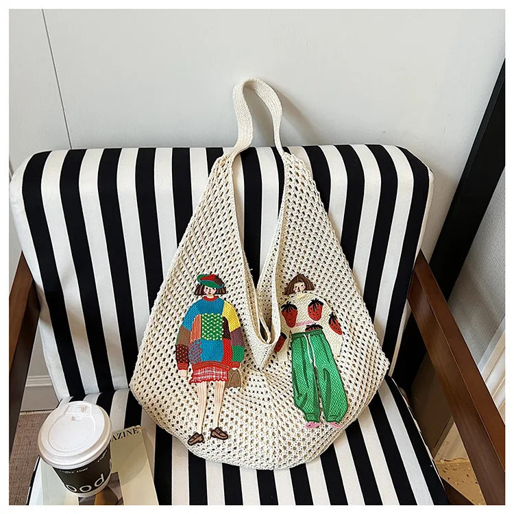 Hollow Mesh Knitted Shoulder Bag Beach Vacation Slouchy Chic Cartoon Tote Bag Lightweight Laid-Back Casual Woven Women Handbag