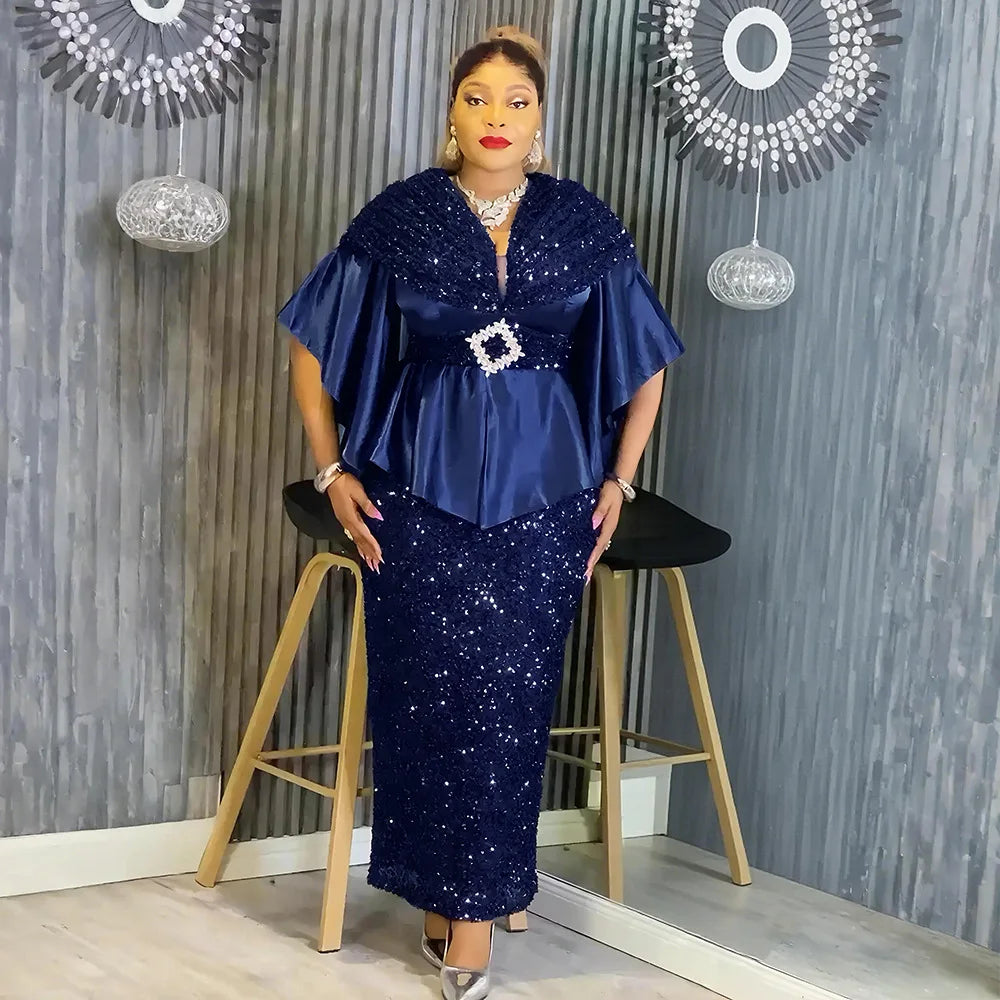 African Party Dresses for Women Elegant Turkey Muslim Wedding Evening Gown Plus Size Dashiki Sequin Sexy Bodycon Slit Long Dress
