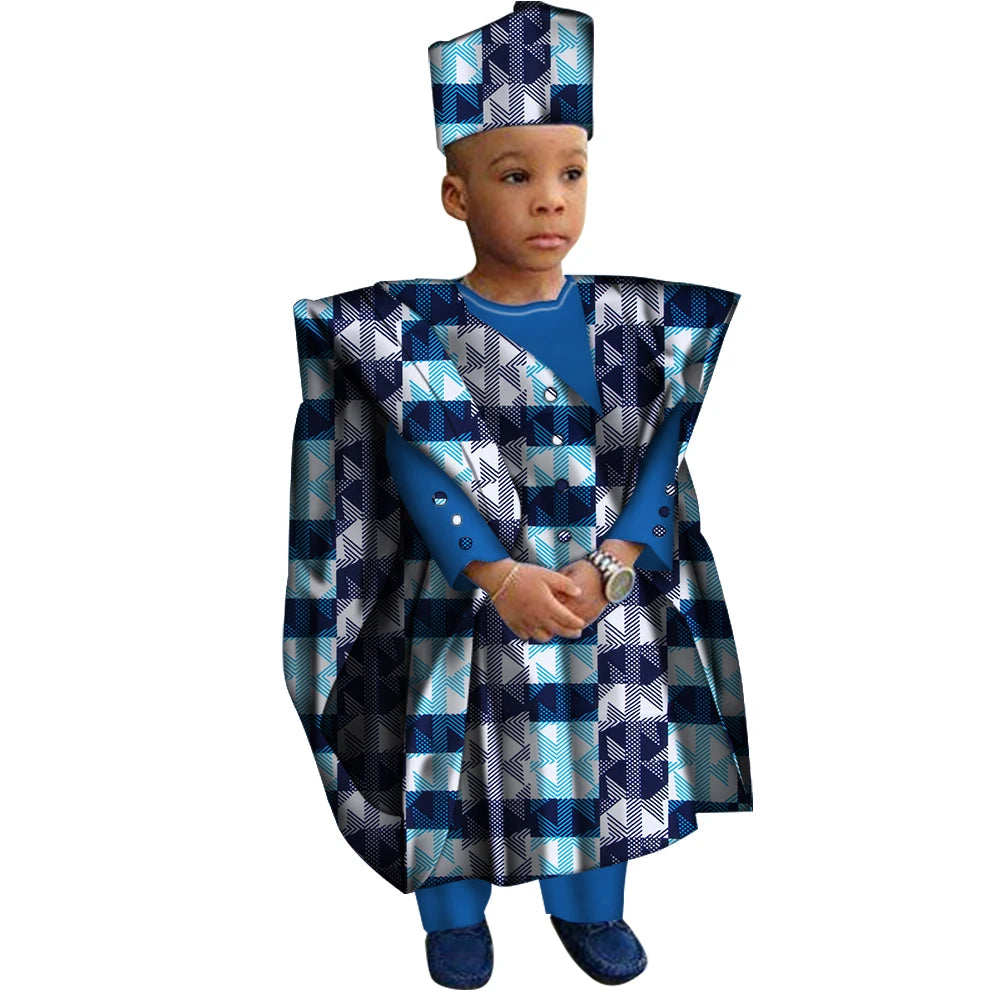 African Clothes with Hat Boy Tops and Pants African Print Clothes for Boys Bazin Riche Dashiki Gown Set WYT200
