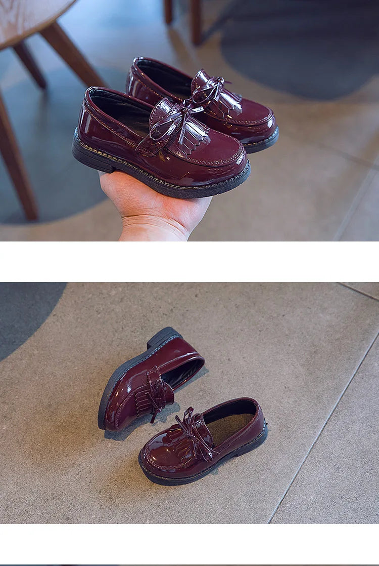 Girls Casual Leather Shoes Kids Flats Tassels with Bow-knot British Style Soft Slip-on Loafers for Wedding Party Bright Skin New