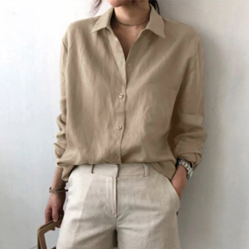 Women Blouses Turn Down Collar Vintage Button Shirts Cardigan Solid Long Sleeve Shirt Outerwear Office Lady Elegant Regular