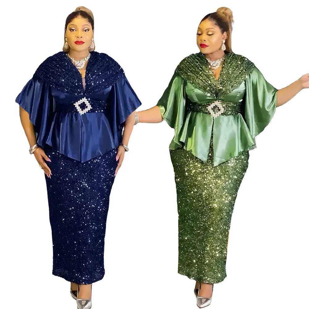 African Party Dresses for Women Elegant Turkey Muslim Wedding Evening Gown Plus Size Dashiki Sequin Sexy Bodycon Slit Long Dress