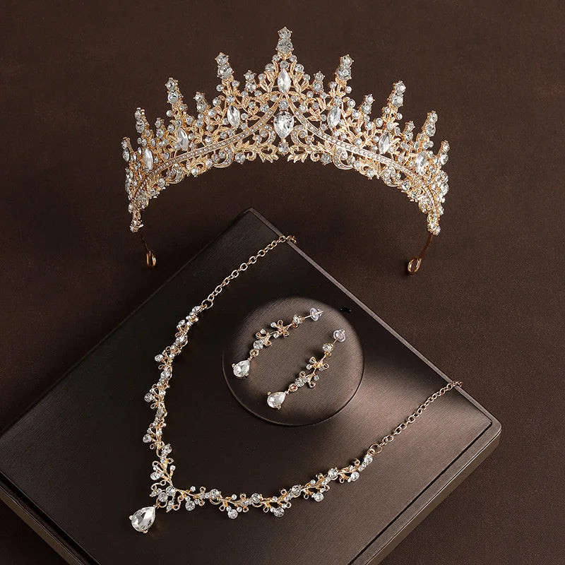 Bridal Wedding Jewelry 4-piece Set, Alloy Crystal Crown&Crystal Necklace&Earrings Women&