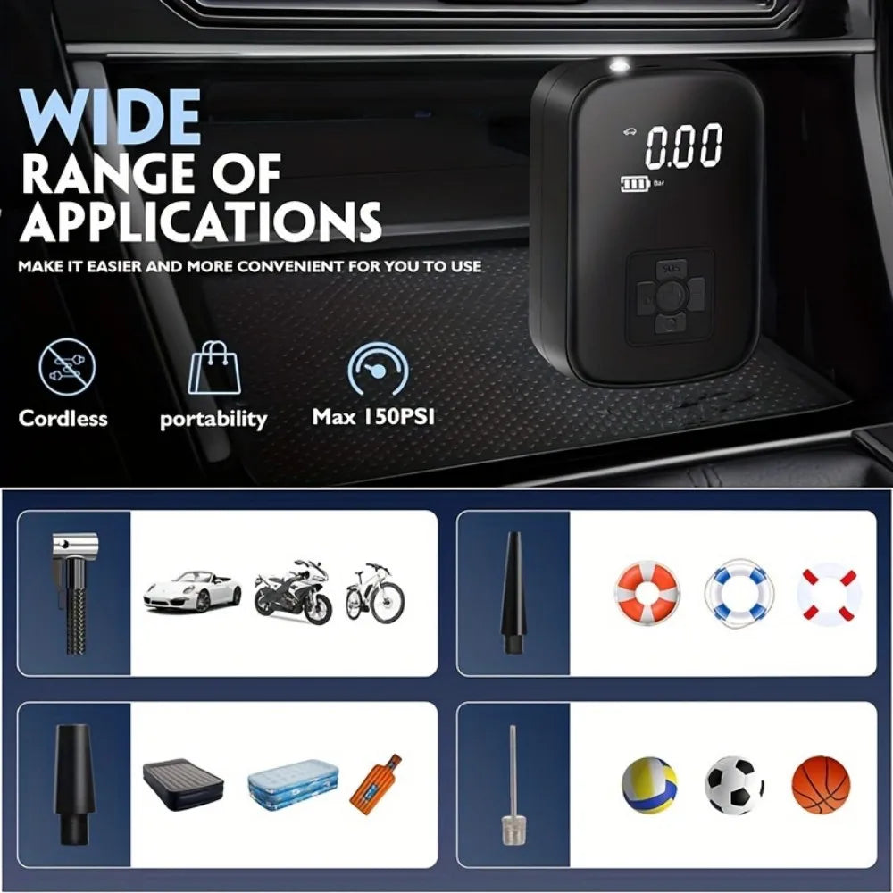 Digital Display Air Pump Portable Air Compressor LED Light Wireless Cordless Tire Inflation for Car Motorcycle Boat Tyre Balls