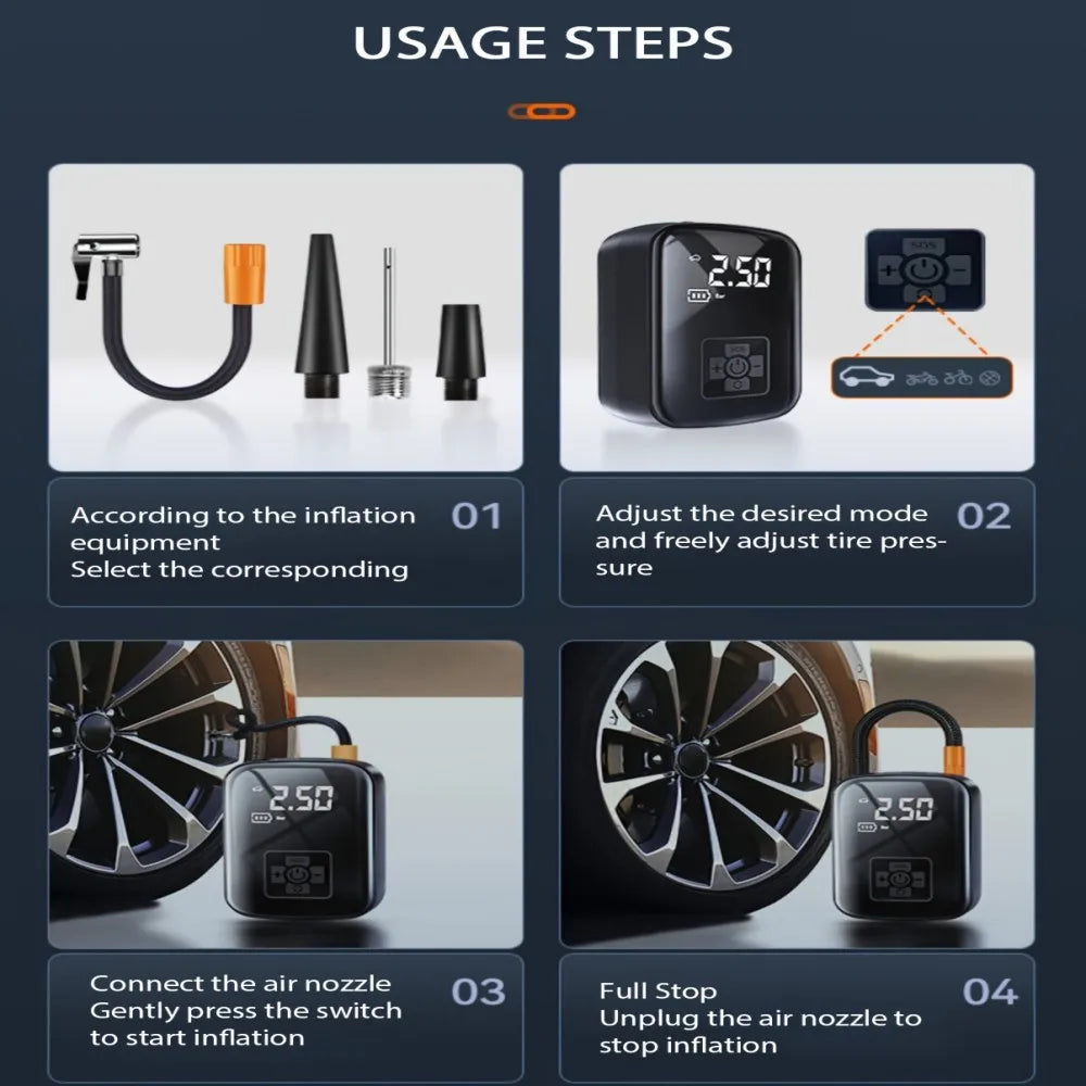 Digital Display Air Pump Portable Air Compressor LED Light Wireless Cordless Tire Inflation for Car Motorcycle Boat Tyre Balls