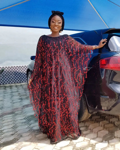 African Sequin Chiffon Maxi Dress Plus Size