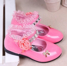 2021 New Flower Girls Shoes Spring Autumn Princess Lace PU Leather Shoes Cute Bowknot Rhinestone For 3-11 Ages Toddler Shoes