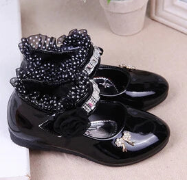 2021 New Flower Girls Shoes Spring Autumn Princess Lace PU Leather Shoes Cute Bowknot Rhinestone For 3-11 Ages Toddler Shoes