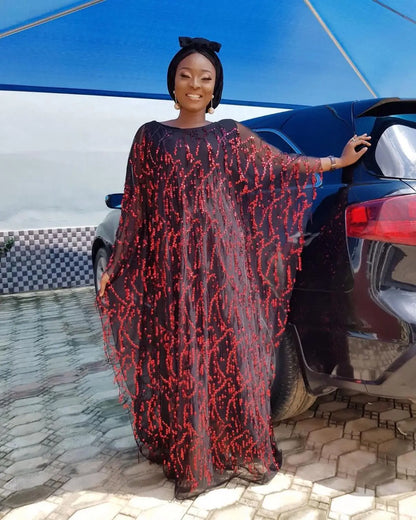 African Sequin Chiffon Maxi Dress Plus Size