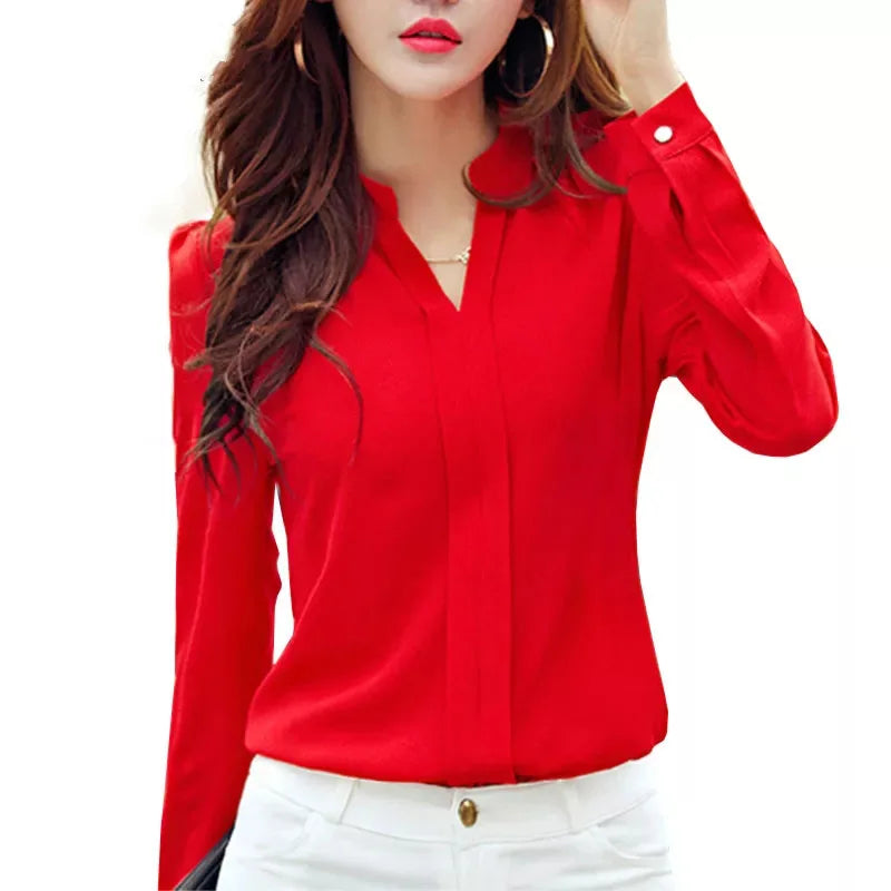 Crisluvᵀᴹ Women’s Long Sleeve V-Neck Chiffon Blouse – Elegant Autumn Office Shirt