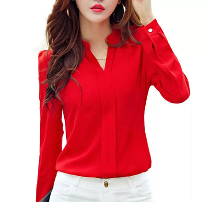 Crisluvᵀᴹ Women’s Long Sleeve V-Neck Chiffon Blouse – Elegant Autumn Office Shirt