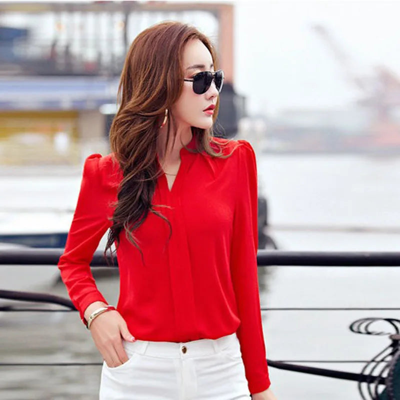 Crisluvᵀᴹ Women’s Long Sleeve V-Neck Chiffon Blouse – Elegant Autumn Office Shirt