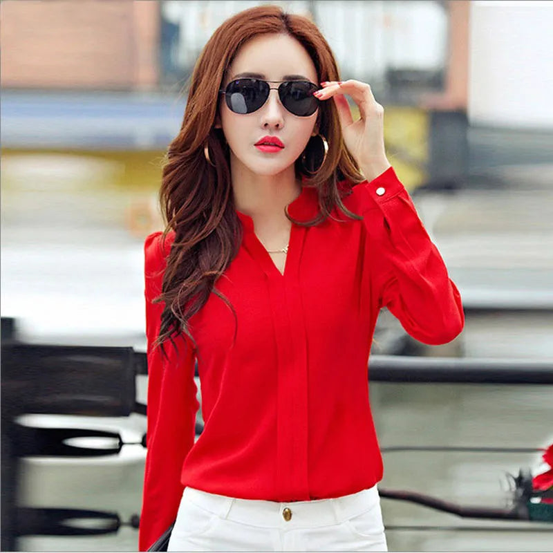 Crisluvᵀᴹ Women’s Long Sleeve V-Neck Chiffon Blouse – Elegant Autumn Office Shirt