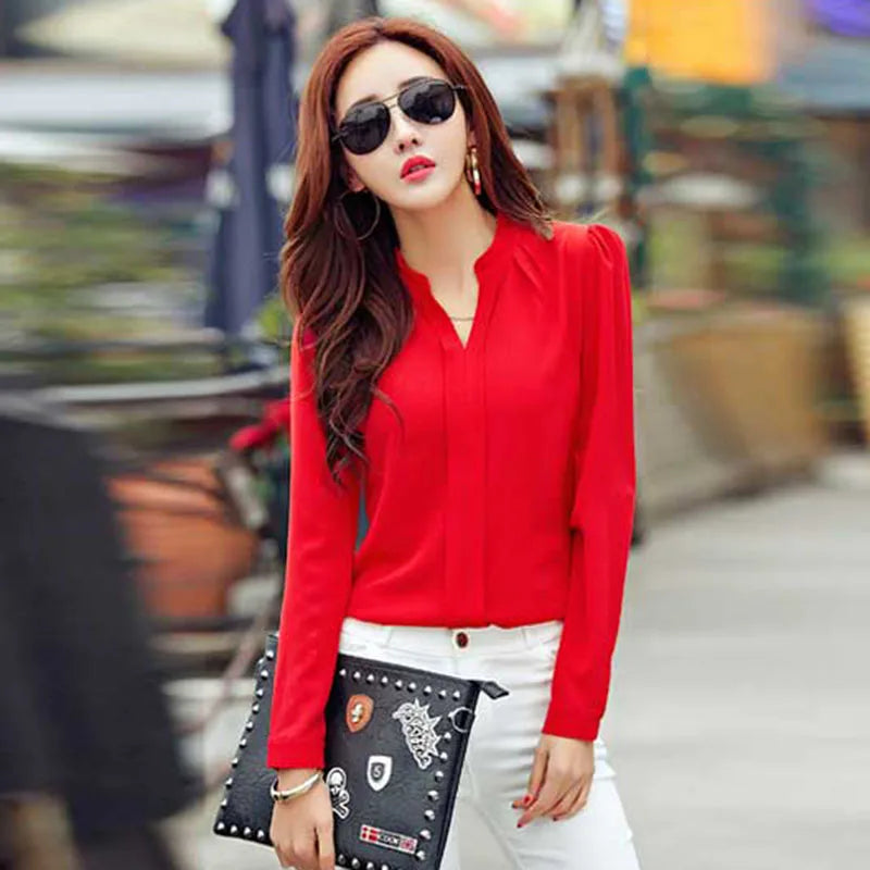 Crisluvᵀᴹ Women’s Long Sleeve V-Neck Chiffon Blouse – Elegant Autumn Office Shirt