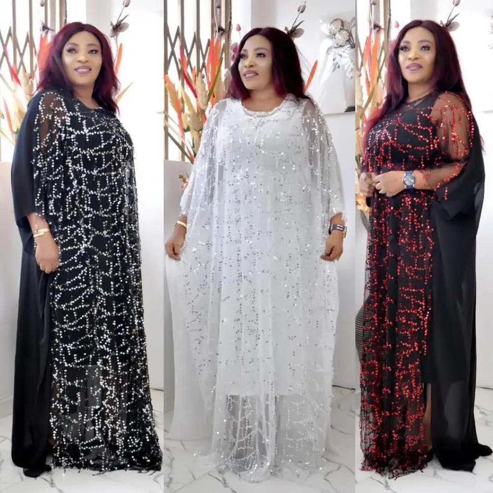 African Sequin Chiffon Maxi Dress Plus Size